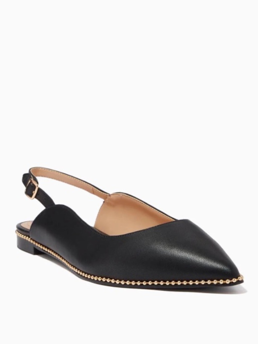 Coach Claire Black Leather Pointed-Toe Slingback Flats with Gold Bead Trim